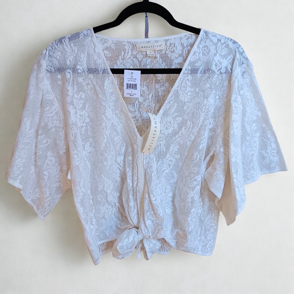 Lovestitch Tie Front Relaxed Fit Lace Crop Top Flowy Sleeves Sheer Layers